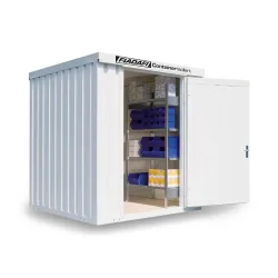 FLADAFI® Materialcontainer, isoliert, 4 m², mit Holzfussboden, HxBxT 2.405 x 2.100 x 2170 mm, Einzelflügeltür, mittig in Breitseite