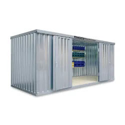 FLADAFI® Materialcontainer, verzinkt, zerlegt, 10 m², mit Holzfussboden, HxBxT 2.150 x 5.080 x 2.170 mm, Einzelflügeltür, mittig in Stirnseite