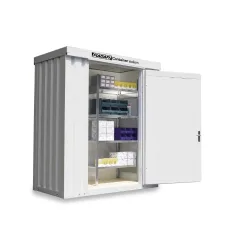 FLADAFI® Materialcontainer, isoliert, 2 m², mit Holzfussboden, HxBxT 2.405 x 2 100 x 1.140 mm, Einzelflügeltür, mittig in Breitseite