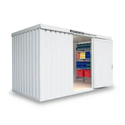 FLADAFI® Materialcontainer, isoliert, 8 m², mit Holzfussboden, HxBxT 2.405 x 4.050 x 2170 mm, Doppelflügeltür (asymmetrische Teilung), mittig in Breitseite, Zusatztür