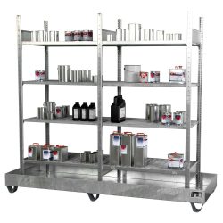 Kleingebinderegal BAUER S 3023-4E, Grund- und Anbauregal, B 2400 x T 800 x H 2000 mm, 4 Gitterrostböden + 1 Auffangwanne