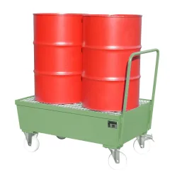 Bauer® Auffangwanne aus Stahl, verfahrbar, 2x 200 l stehend, Auffangvolumen 225 l, resedagrün