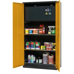 asecos® Chemikalienschrank CS-CLASSIC-F, mit Typ-30-Sicherheitsbox, Bodenauffangwanne mit Lochblech und 2 Fachböden, HxBxT 1.950 x 1.055 x 520 mm, goldgelb