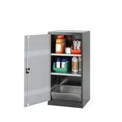 asecos® Chemikalienschrank CS-CLASSIC, mit Bodenauffangwanne mit Lochblech und 2 Fachböden, HxBxT 1.105 x 545 x 520 mm, silber