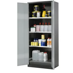 asecos® Chemikalienschrank CS-CLASSIC, mit Bodenauffangwanne mit Lochblech und 3 Fachböden, HxBxT 1.950 x 810 x 520 mm, silber