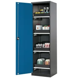 Chemikalienschrank, Flügeltür, 4 Auszugswannen, 545x520x1950 mm, enzianblau