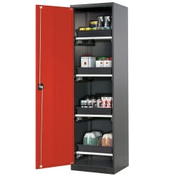 asecos® Chemikalienschrank CS-CLASSIC, mit 4 Tablarauszügen und PP-Wanne, HxBxT 1.950 x 545 x 520 mm, verkehrsrot