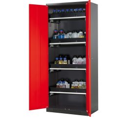 asecos® Chemikalienschrank CS-CLASSIC, mit 4 Tablarauszügen und PP-Wanne, HxBxT 1.950 x 810 x 520 mm, verkehrsrot