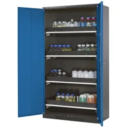 asecos® Chemikalienschrank CS-CLASSIC, mit 4 Tablarauszügen und PP-Wanne, HxBxT 1.950 x 1.055 x 520 mm, enzianblau
