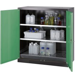 asecos® Chemikalienschrank CS-CLASSIC, mit Bodenauffangwanne mit Lochblech und 2 Fachböden, HxBxT 1.105 x 1.055 x 520 mm, resedagrün