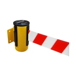 RS-GUIDESYSTEMS® Wandgurt-Kassette aus Metall, pulverbeschichtet, Auszugslänge 2,3 m, gelb, rot / weiss diagonal gestreift