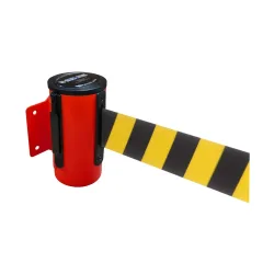 RS-GUIDESYSTEMS® Wandgurt-Kassette aus Metall, pulverbeschichtet, Auszugslänge 4 m, rot, schwarz / gelb diagonal gestreift