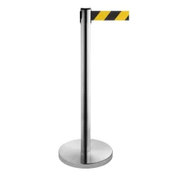 RS-GUIDESYSTEMS® Gurt-Absperrpfosten, Edelstahl, Gurtbreite 50 mm, schwarz / gelb diagonal gestreift, 2,3 m