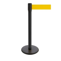 RS-GUIDESYSTEMS® Gurt-Absperrpfosten, Bodenteller aus Guss, Gurtbreite 100 mm, schwarz, gelb, 3,8 m