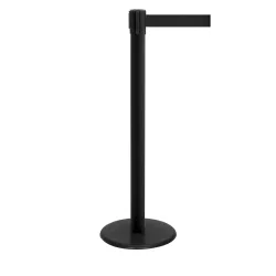 RS-GUIDESYSTEMS® Gurtpfosten GLA 28, inkl. Bodenteller Ø 330 mm & Gurtkassette 2,3 m Auszug, 1 Stück, Gurt schwarz