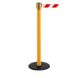 RS-GUIDESYSTEMS® Gurt-Absperrpfosten, Bodenteller aus Guss, Gurtbreite 50 mm, gelb, rot / weiss diagonal gestreift, 4,0 m