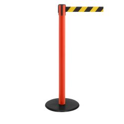 RS-GUIDESYSTEMS® Gurt-Absperrpfosten, Bodenteller aus Guss, Gurtbreite 50 mm, rot, schwarz / gelb diagonal gestreift, 4,0 m