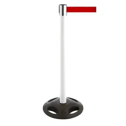 RS-GUIDESYSTEMS® Gurt-Absperrpfosten, Bodenteller aus Verbundwerkstoff, Gurtbreite 50 mm, weiss, rot
