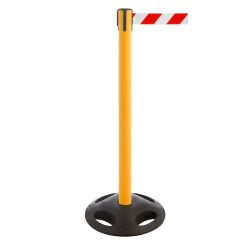 RS-GUIDESYSTEMS® Gurt-Absperrpfosten, Bodenteller aus Verbundwerkstoff, Gurtbreite 50 mm, gelb, rot / weiss diagonal gestreift