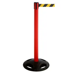RS-GUIDESYSTEMS® Gurt-Absperrpfosten, Bodenteller aus Verbundwerkstoff, Gurtbreite 100 mm, rot, schwarz / gelb diagonal gestreift