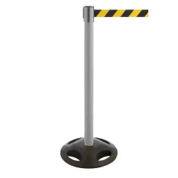 RS-GUIDESYSTEMS® Gurt-Absperrpfosten, Bodenteller aus Verbundwerkstoff, Gurtbreite 50 mm, grau, schwarz / gelb diagonal gestreift