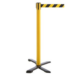 RS-GUIDESYSTEMS® Absperrpfosten Kreuzfuss, Gurtlänge 4 m, gelb, schwarz / gelb diagonal gestreift