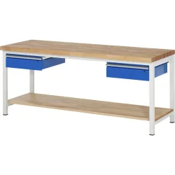 RAU Werkbank Serie 8000, HxBxT 840-1.040 x 2.000 x 700 mm, 2 Schubladen, 1 Buche-Massiv-Ablageboden