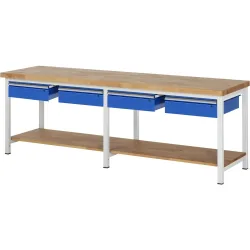 RAU Werkbank Serie 8000, HxBxT 840 x 2.500 x 700 mm, 4 Schubladen, 1 Buche-Massiv-Ablageboden Tiefe 557 mm