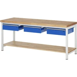 RAU Werkbank Serie 8000, HxBxT 840-1.040 x 2.000 x 700 mm, 3 Schubladen, 1 Buche-Massiv-Ablageboden