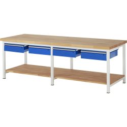 RAU Werkbank Serie 8000, HxBxT 840 x 2.500 x 900 mm, 4 Schubladen, 1 Buche-Massiv-Ablageboden Tiefe 757 mm