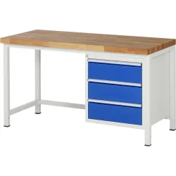 RAU Werkbank Serie 8000, HxBxT 840-1.040 x 1.500 x 700 mm, 3 x 90%-Auszug-Schubladen 3 x 180 mm, Breite 490 mm
