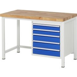 RAU Werkbank Serie 8000, HxBxT 840-1.040 x 1.250 x 700 mm, 5 x 100%-Auszug-Schubladen 2 x 90, 3 x 120 mm, Schubladen-TK 100 kg