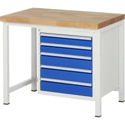 RAU Werkbank Serie 8000, HxBxT 840-1.040 x 1.000 x 700 mm, 5 x 90%-Auszug-Schubladen 2 x 90, 3 x 120 mm, Schubladen-TK 100 kg