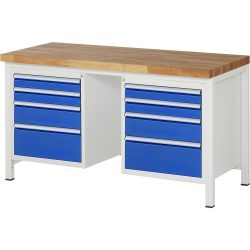 RAU Werkbank Serie 8000, 2 Container, HxBxT 840-1.040 x 1.500 x 700 mm, 8 x 90%-Auszug-Schubladen 4 x 90, 2 x 150, 2 x 210 mm