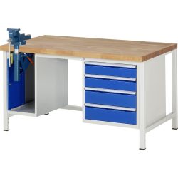 RAU Werkbank Serie 8000, 2 Container, HxBxT 840 x 1.500 x 900 mm, 4 x 90%-Auszug-Schubladen, inkl. Schraubstock