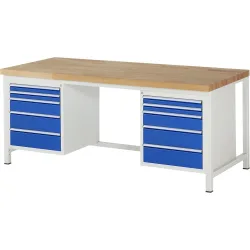 RAU Werkbank Serie 8000, 2 Container, HxBxT 840 x 2.000 x 900 mm, 10 x 90%-Auszug-Schubladen 4 x 60, 2 x 120, 4 x 150 mm