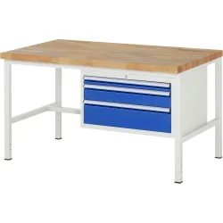 RAU Werkbank Serie 8000, HxBxT 840-1.040 x 1.500 x 900 mm, 3 x 100%-Auszug-Schubladen 1 x 60, 1 x 120, 1 x 180 mm, Schubladen-TK 75 kg