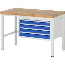 RAU Werkbank Serie 8000, HxBxT 840-1.040 x 1.250 x 700 mm, 4 x 100%-Auszug-Schubladen 4 x 90 mm, Breite 680 mm