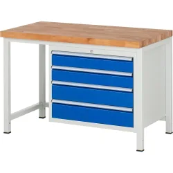 RAU Werkbank Serie 8000, HxBxT 840-1.040 x 1.250 x 700 mm, 4 x 90%-Auszug-Schubladen 2 x 120, 2 x 150 mm, Breite 680 mm