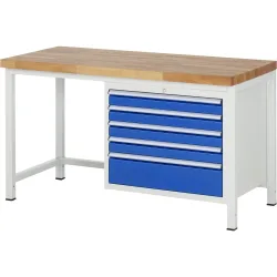RAU Werkbank Serie 8000, HxBxT 840 x 1.500 x 700 mm, 5 x 90%-Auszug-Schubladen 4 x 90, 1 x 180 mm, Schubladen-TK 75 kg