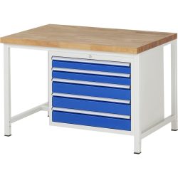 RAU Werkbank Serie 8000, HxBxT 840-1.040 x 1.250 x 900 mm, 5 x 90%-Auszug-Schubladen 2 x 90, 3 x 120 mm, Schubladen-TK 75 kg