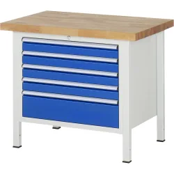 RAU Werkbank Serie 8000, HxBxT 840-1.040 x 1.000 x 700 mm, 5 x 90%-Auszug-Schubladen 4 x 90, 1 x 180 mm, Schubladen-TK 75 kg
