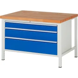 RAU Werkbank Serie 8000, HxBxT 840-1.040 x 1.250 x 900 mm, 3 x 90%-Auszug-Schubladen 1 x 120, 1 x 180, 1 x 240 mm, Schubladen-TK 50 kg