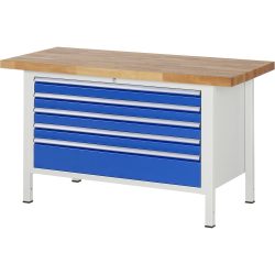 RAU Werkbank Serie 8000, HxBxT 840-1.040 x 1.500 x 700 mm, 5 x 90%-Auszug-Schubladen 4 x 90, 1 x 180 mm, Schubladen-TK 50 kg