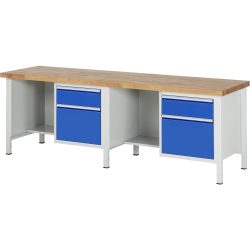 RAU Werkbank Serie 8000, 2 Container, HxBxT 840-1.040 x 2.500 x 700 mm, 4 x 90%-Auszug-Schubladen