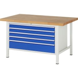 RAU Werkbank Serie 8000, HxBxT 840-1.040 x 1.500 x 900 mm, 5 x 90%-Auszug-Schubladen 4 x 90, 1 x 180 mm, Schubladen-TK 50 kg