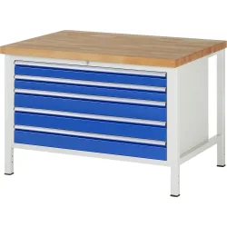 RAU Werkbank Serie 8000, HxBxT 840-1.040 x 1.250 x 900 mm, 5 x 90%-Auszug-Schubladen 2 x 90, 3 x 120 mm, Schubladen-TK 50 kg