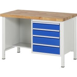 RAU Werkbank Serie 8000, 1 Ablageboden, HxBxT 840-1.040 x 1.250 x 700 mm, 4 x 100%-Auszug-Schubladen