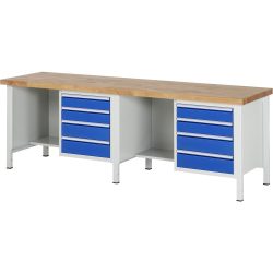 RAU Werkbank Serie 8000, 2 Container, HxBxT 840-1.040 x 2.500 x 700 mm, 8 x 100%-Auszug-Schubladen