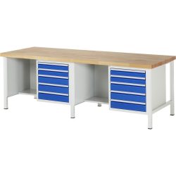 RAU Werkbank Serie 8000, 2 Container, HxBxT 840 x 2.500 x 900 mm, 10 x 90%-Auszug-Schubladen